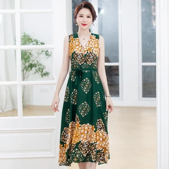Повседневные летние женские платья 2023, новое винтажное платье в стиле бохо без рукавов с V-образным вырезом, женская корейская одежда высокого качества