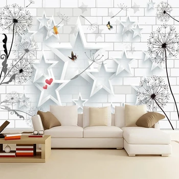 Пользовательские 3D фото Современные пятиконечные звезды, Одуванчики, обои из белого кирпича для спальни, гостиной, ТВ-фон, декор стен, фрески