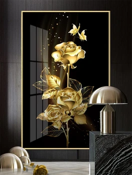 Пользовательские обои 3d современная мода золотая фольга абстрактная ручная роспись фреска золотая роза цветок бабочка гостиная крыльцо живопись