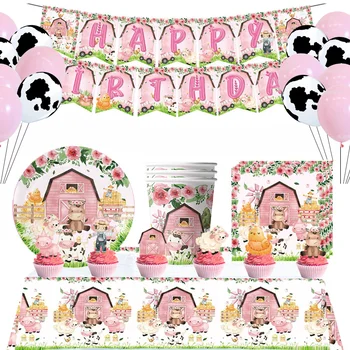 Розовые Животные на ферме, Принадлежности для вечеринок, Набор посуды, Розовая Домашняя Корова, Свинья, Овца, Чашка для растений, Украшения для детского сада на День рождения