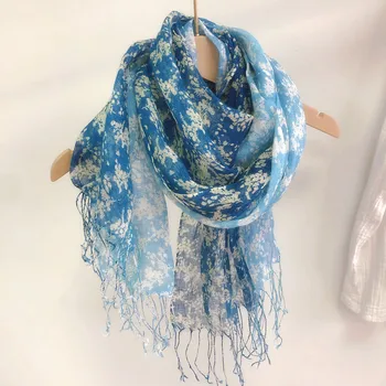 Синие льняные Мягкие шарфы Женские шарфы с цветочным принтом в этническом стиле Летние дорожные Длинные шарфы