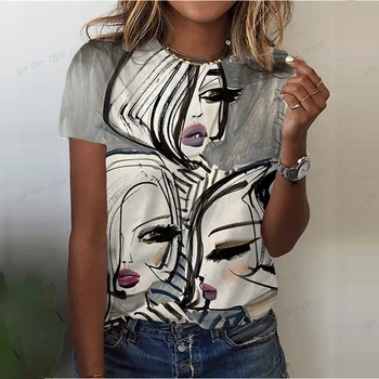 Трендовая Женская футболка с коротким рукавом 2023 года, Рубашка с 3D-принтом лица Маслом, Летняя Свободная и удобная футболка с круглым вырезом Y2K