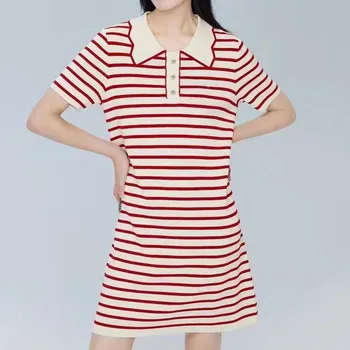 Трикотажное платье в полоску контрастного цвета для женщин 2022, новое Длинное платье в корейском стиле свободного кроя с воротником Поло в полоску для похудения, Длинное платье для похудения