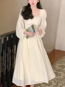 Французское Винтажное платье Миди, женское платье с длинным рукавом, Однотонное Элегантное Шифоновое платье, Офисное Кружевное Цельное платье, Корейская весна 2023