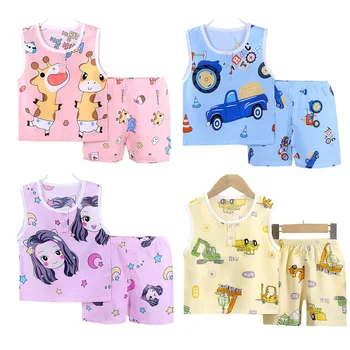 Хлопковый летний костюм-жилетка для малышей, детская одежда для мальчиков и девочек с кондиционером, дышащая, впитывающая пот пижама с героями мультфильмов