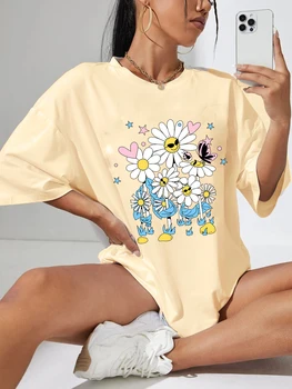 Цветная футболка Оверсайз с графическим принтом Daisy butterfly love heart, позитивная свободная футболка, женский модный повседневный хлопковый эстетичный топ