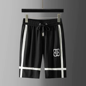 Шорты с вышитым логотипом элитного бренда, мужские спортивные брюки с черно-белой прошитой тесьмой, свободные большие модные повседневные брюки, мужские